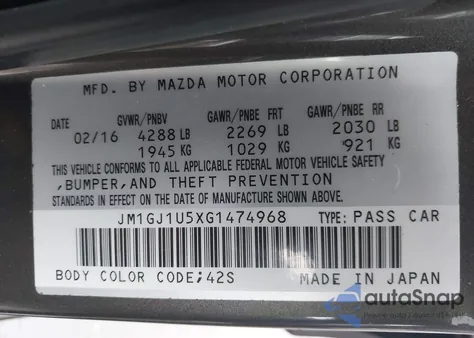2016 Mazda Mazda6 I Sport z USA, uszkodzony, nr VIN JM1GJ1U5XG1474968